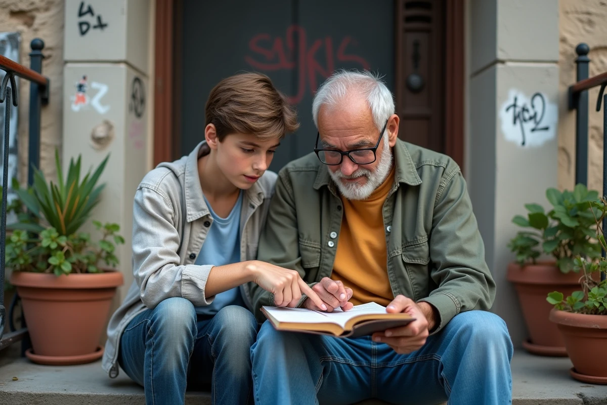 Un adolescent et un homme âgé partageant un moment créatif sur des marches urbaines, illustrant le partage intergénérationnel et ses bienfaits