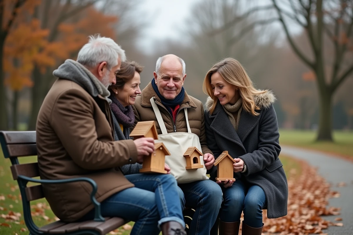 Groupe d'adultes partageant des objets artisanaux dans un parc en automne, symbolisant le partage et la générosité communautaire