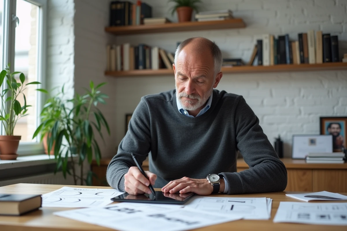 Homme créatif dans la quarantaine travaillant sur son portfolio personnel dans un bureau à domicile minimaliste, représentant la construction de son image de marque