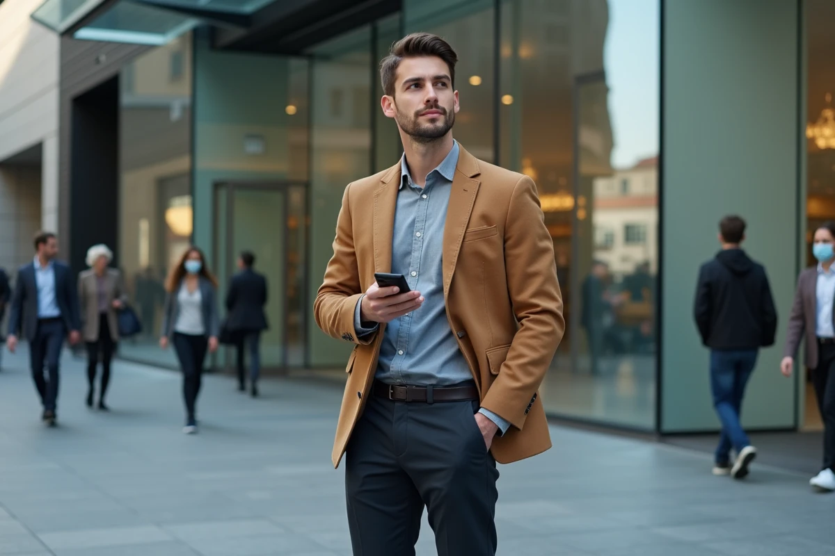 Jeune professionnel en tenue smart casual devant un immeuble urbain moderne, symbolisant l'affirmation de soi et l'importance du personal branding en ville