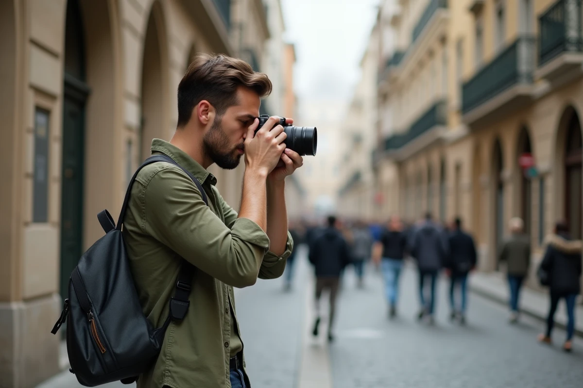 Photographe utilisant un appareil hybride compact Fujifilm X-T20 dans une rue pavée européenne, style reportage urbain