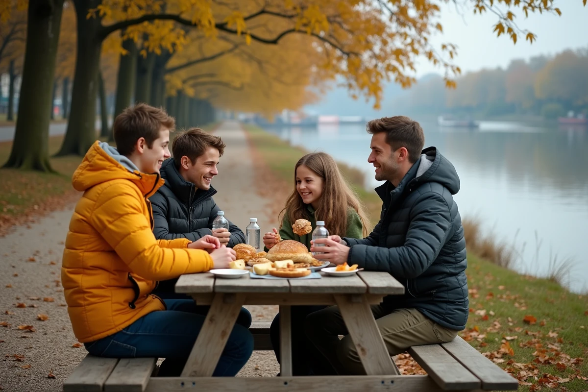 Famille en pique-nique au bord du Rhin en Alsace lors d'une sortie nature économique en automne