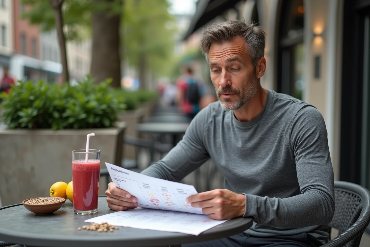 Homme consultant un tableau nutritionnel en terrasse urbaine avec un smoothie aux fruits et des graines, représentant la planification des besoins nutritionnels