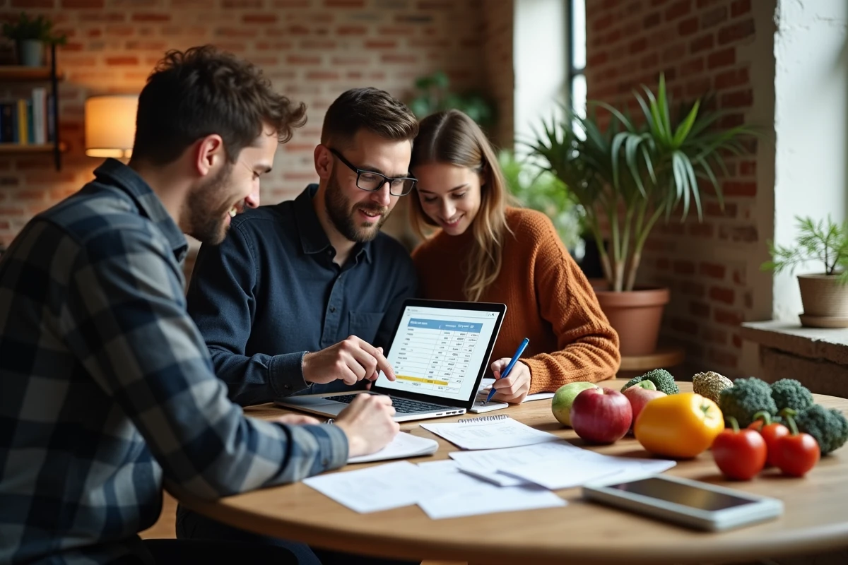 Couple planifiant leur budget alimentaire mensuel à table avec des notes manuscrites et un ordinateur portable