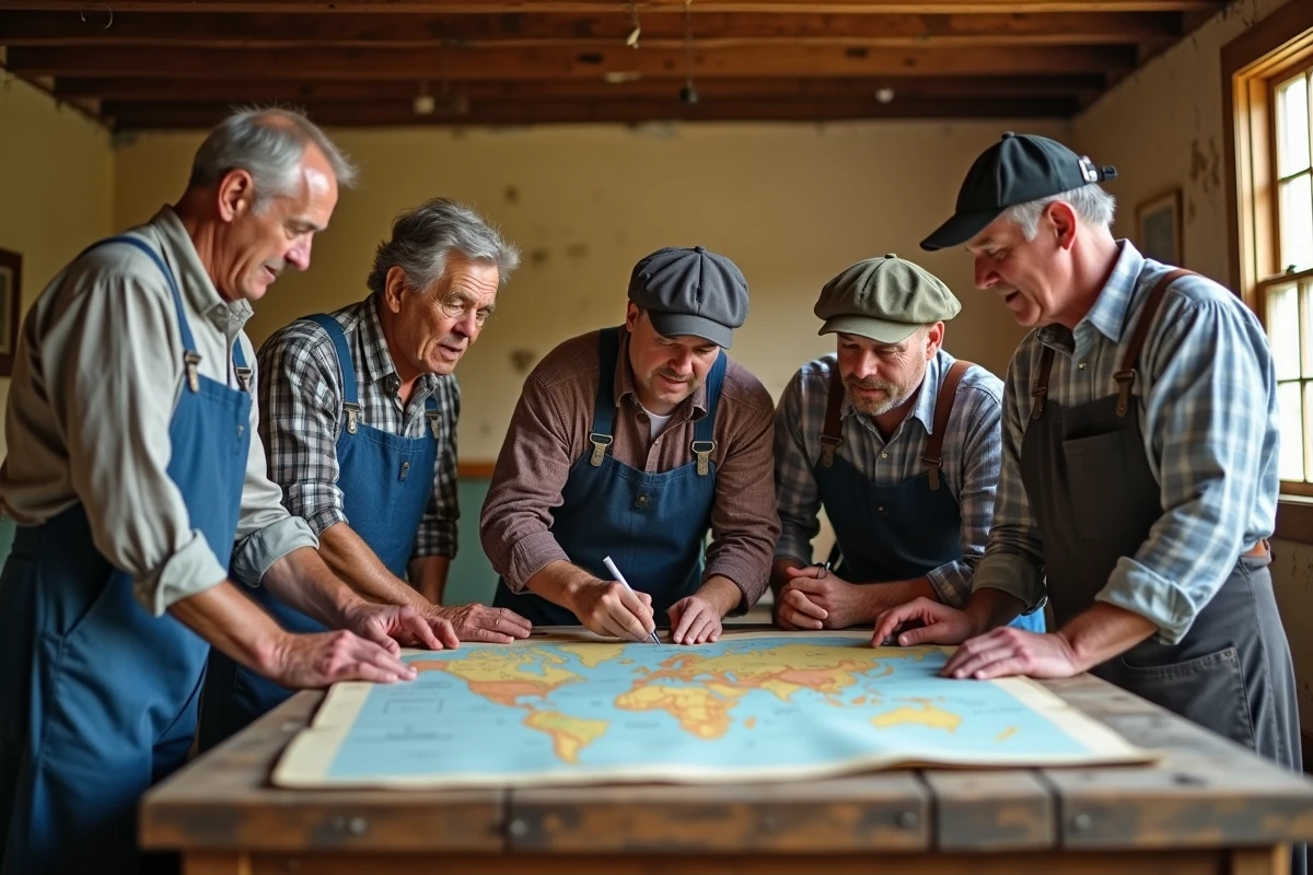 Groupe de travailleurs réunis autour d'une carte dans une salle communautaire, illustrant la planification collective des programmes du New Deal