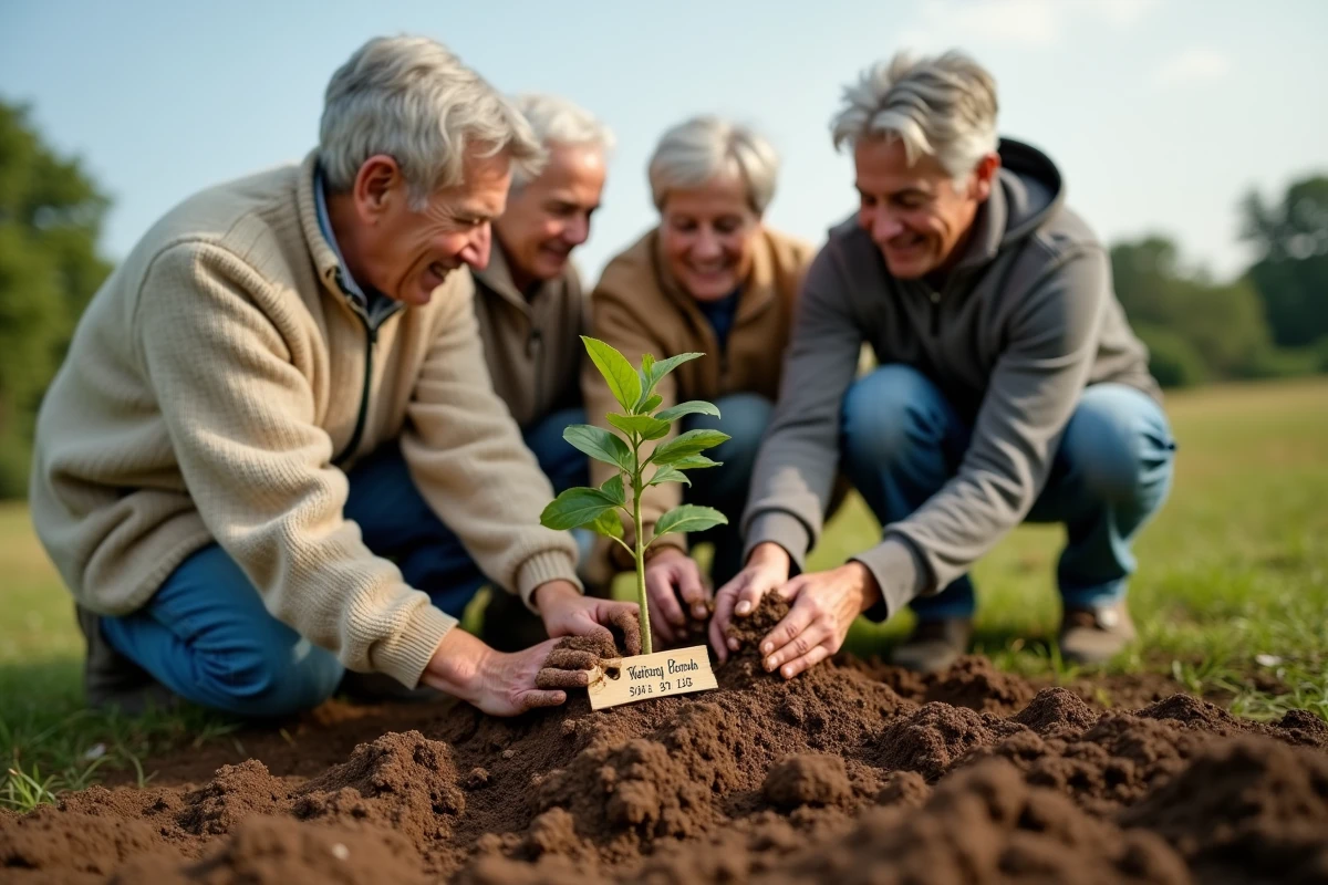 Groupe de proches plantant ensemble un arbre en geste symbolique pour un 70e anniversaire