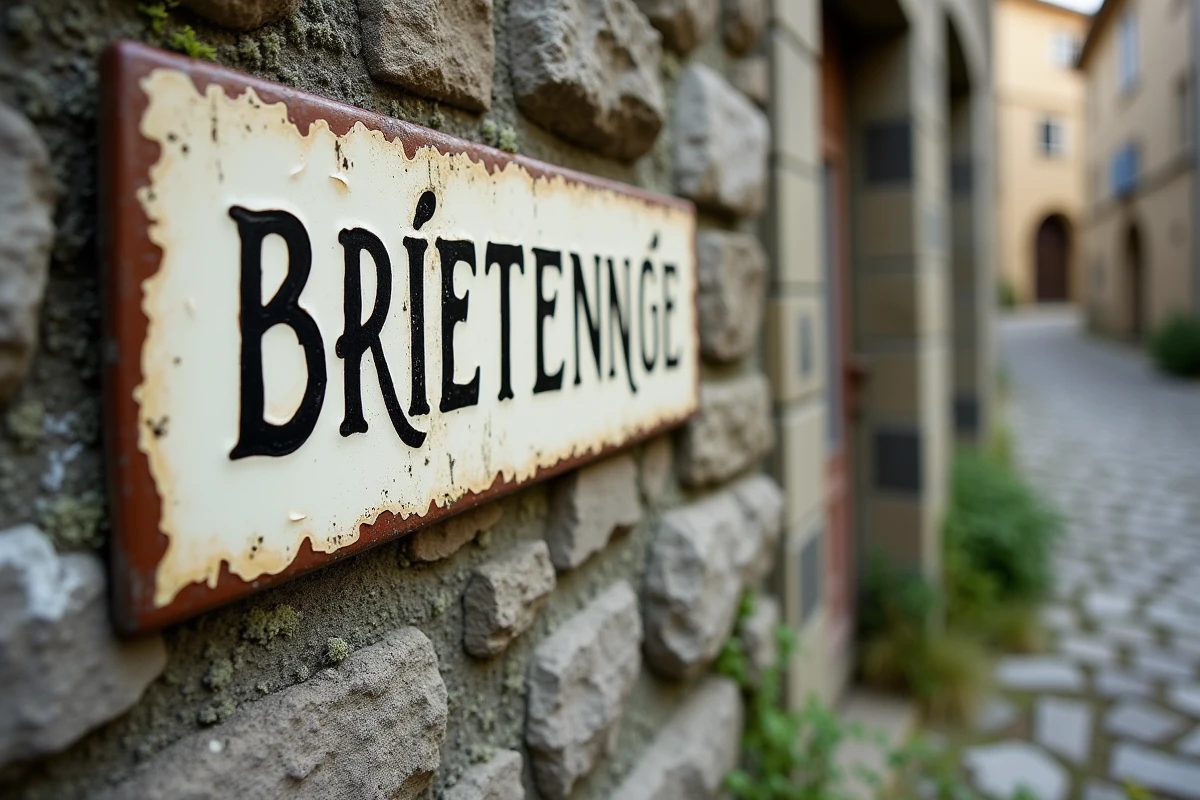 Plaque de rue en céramique ancienne sur un mur de pierre d'un hameau français, symbole du patrimoine local de Bésigny