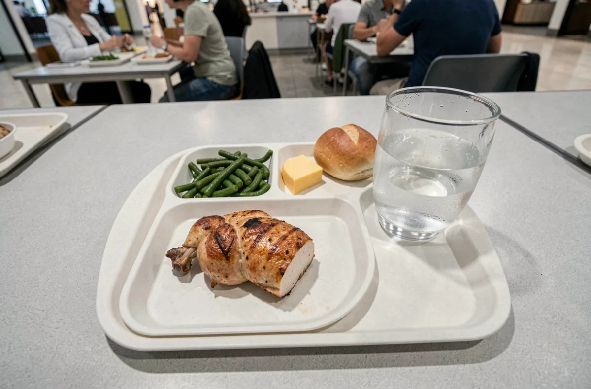 Plateau repas avec plat du jour dans un restaurant self-service de la Tour Montparnasse