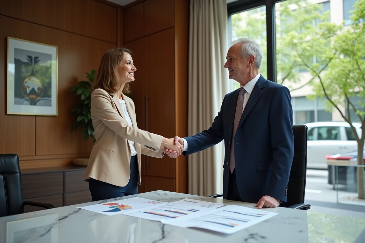 Poignée de main entre une conseillère financière et un client investisseur à la fin d'une réunion dans un bureau haut de gamme