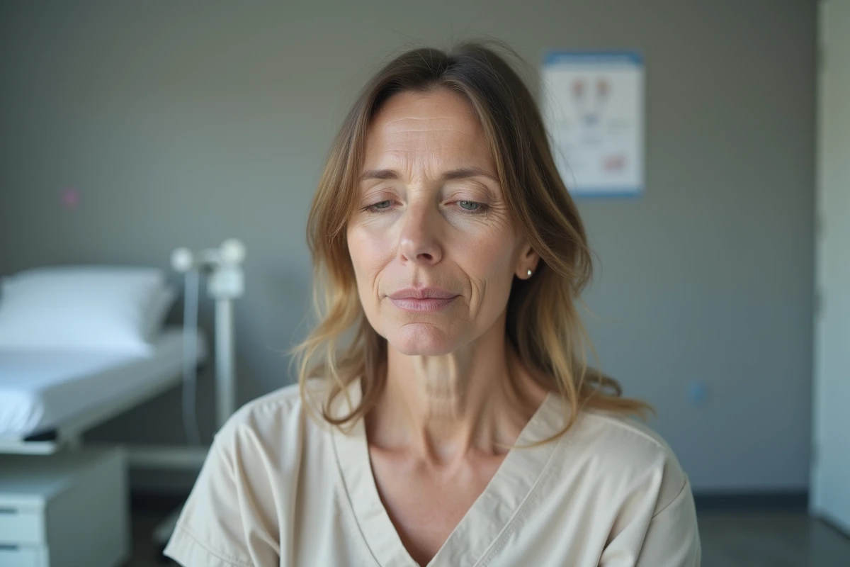 Portrait en gros plan d'une femme présentant des signes visibles de carence nutritionnelle en consultation médicale, illustrant les conséquences sur la santé cérébrale