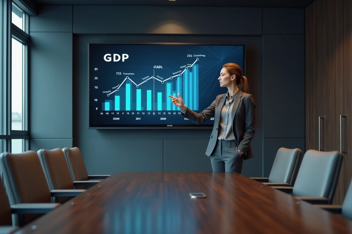 Femme d'affaires présentant des données de croissance économique sur un écran interactif dans une salle de réunion professionnelle