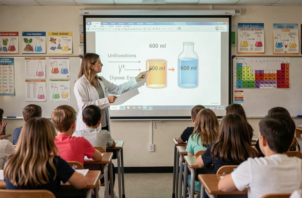 Professeur de physique-chimie au collège expliquant la conversion de 600 ml en litres sur un écran de projection en classe