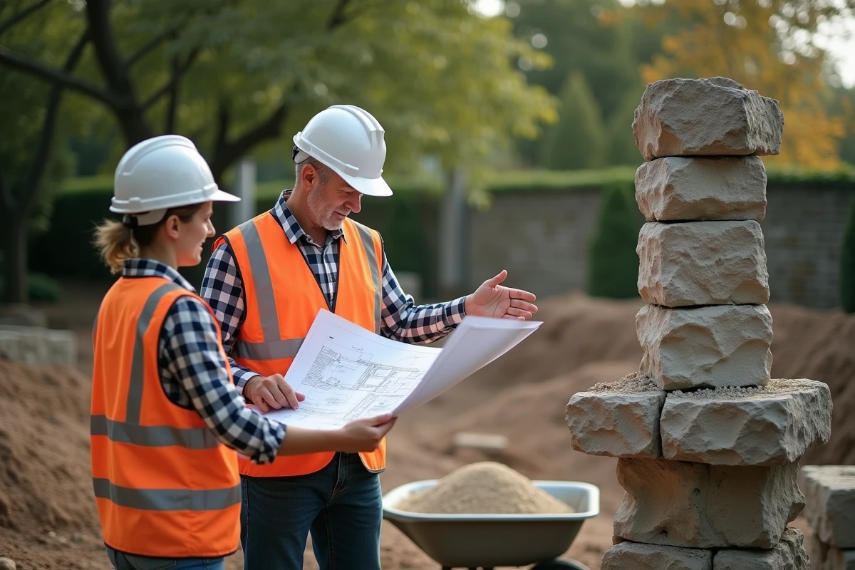 Deux professionnels du bâtiment examinant les plans de fondation d'un mur d'un mètre sur un chantier de jardin