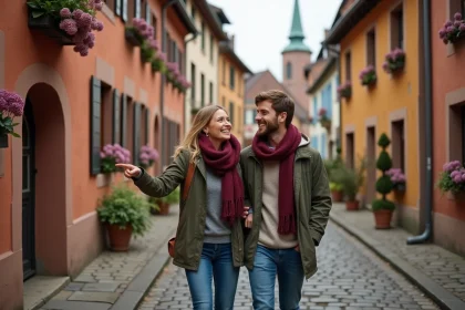 Couple se promenant dans un village alsacien typique avec maisons à colombages et ruelles pavées en automne