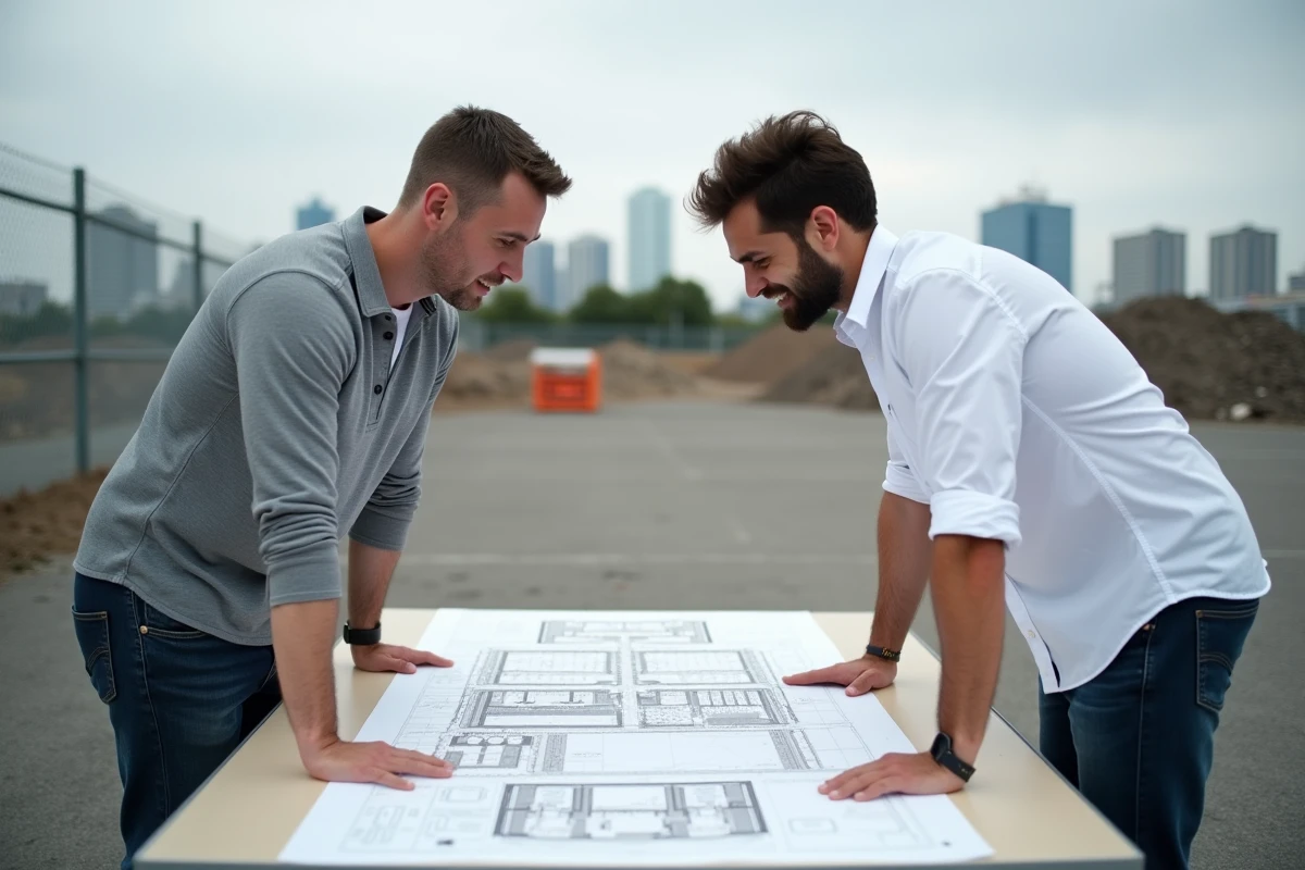 Deux promoteurs analysant un plan d'aménagement urbain sur un terrain à bâtir en ville