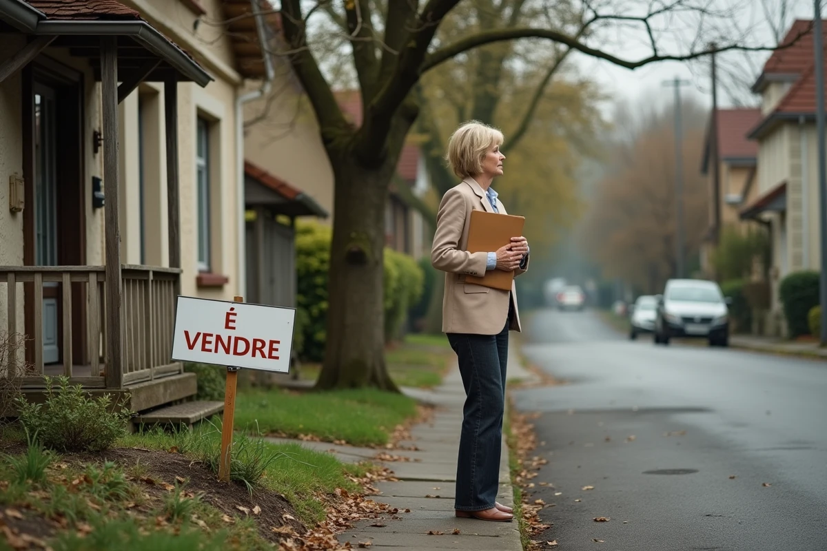 Propriétaire devant sa maison à vendre avec panneau immobilier en banlieue résidentielle