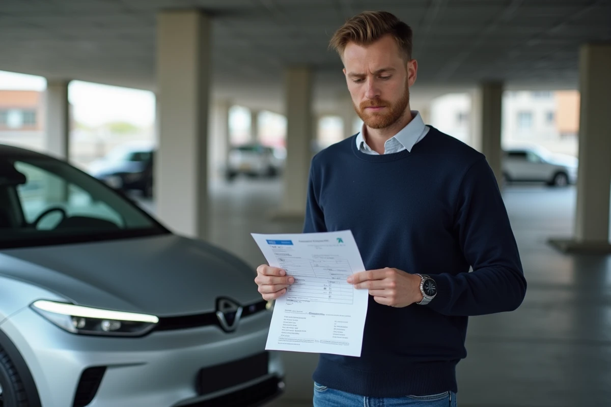 Propriétaire de véhicule électrique tenant son certificat d'immatriculation pour une exonération de taxe