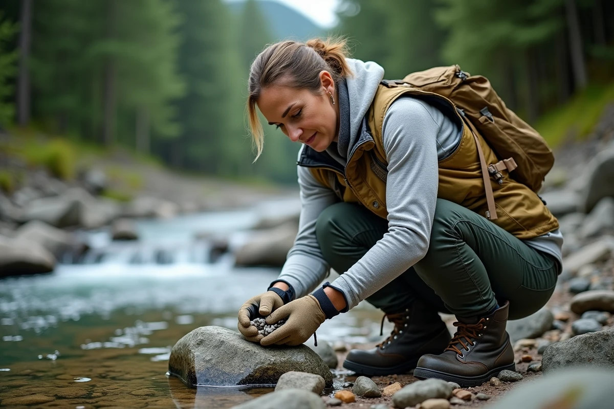 Femme prospectrice examinant des échantillons de roches au bord d'un cours d'eau en forêt