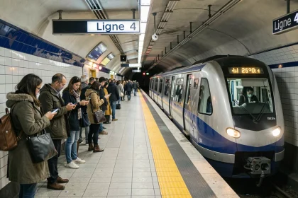 Quai de la ligne 4 du métro parisien avec train en approche et voyageurs attendant sur le bord du quai