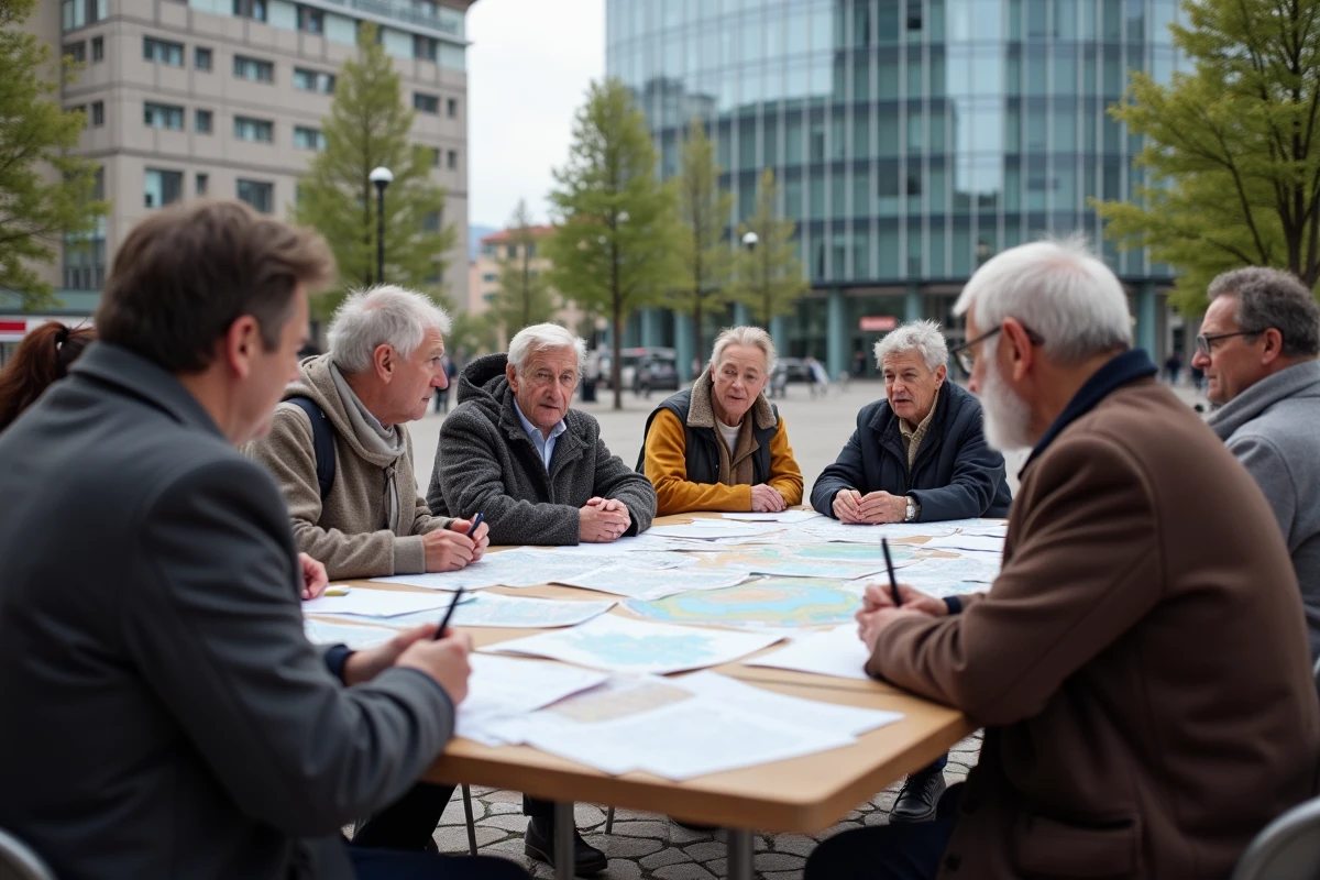 Rassemblement intergénérationnel dans une place urbaine, illustrant le dialogue civique et la collaboration entre différentes générations