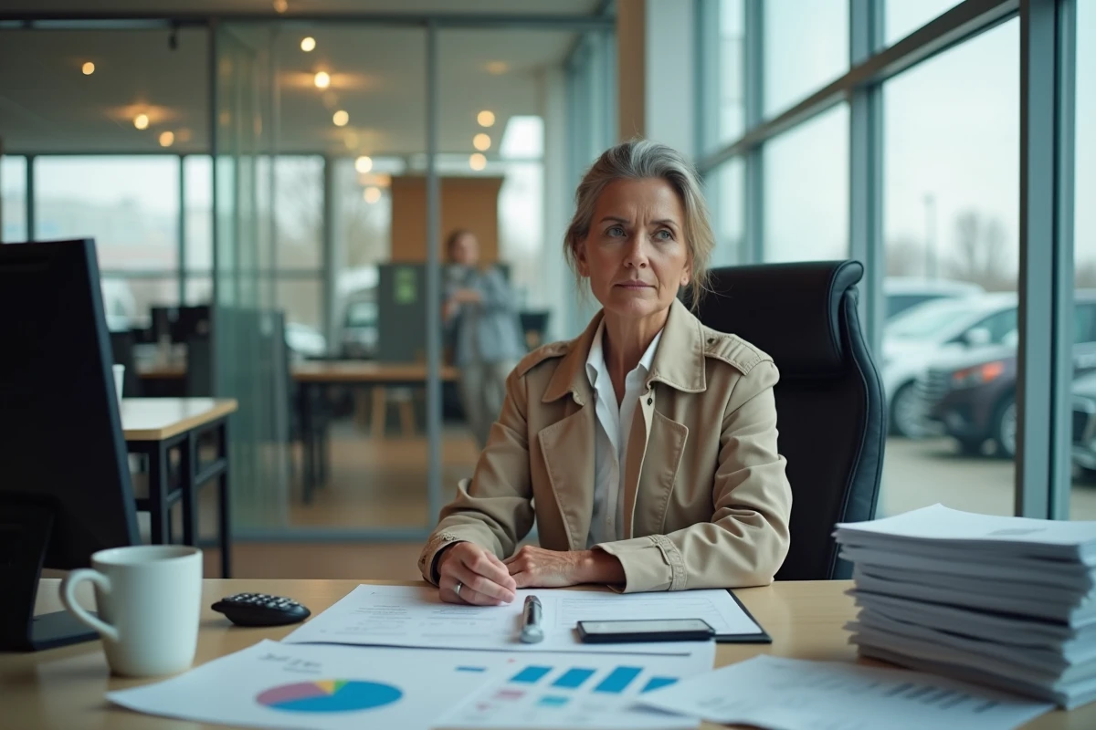 Responsable commerciale en concession automobile analysant des graphiques de ventes en baisse lors d'une session de travail