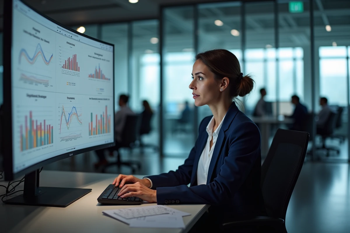 Responsable informatique analysant des données de surveillance des employés en télétravail sur un tableau de bord numérique