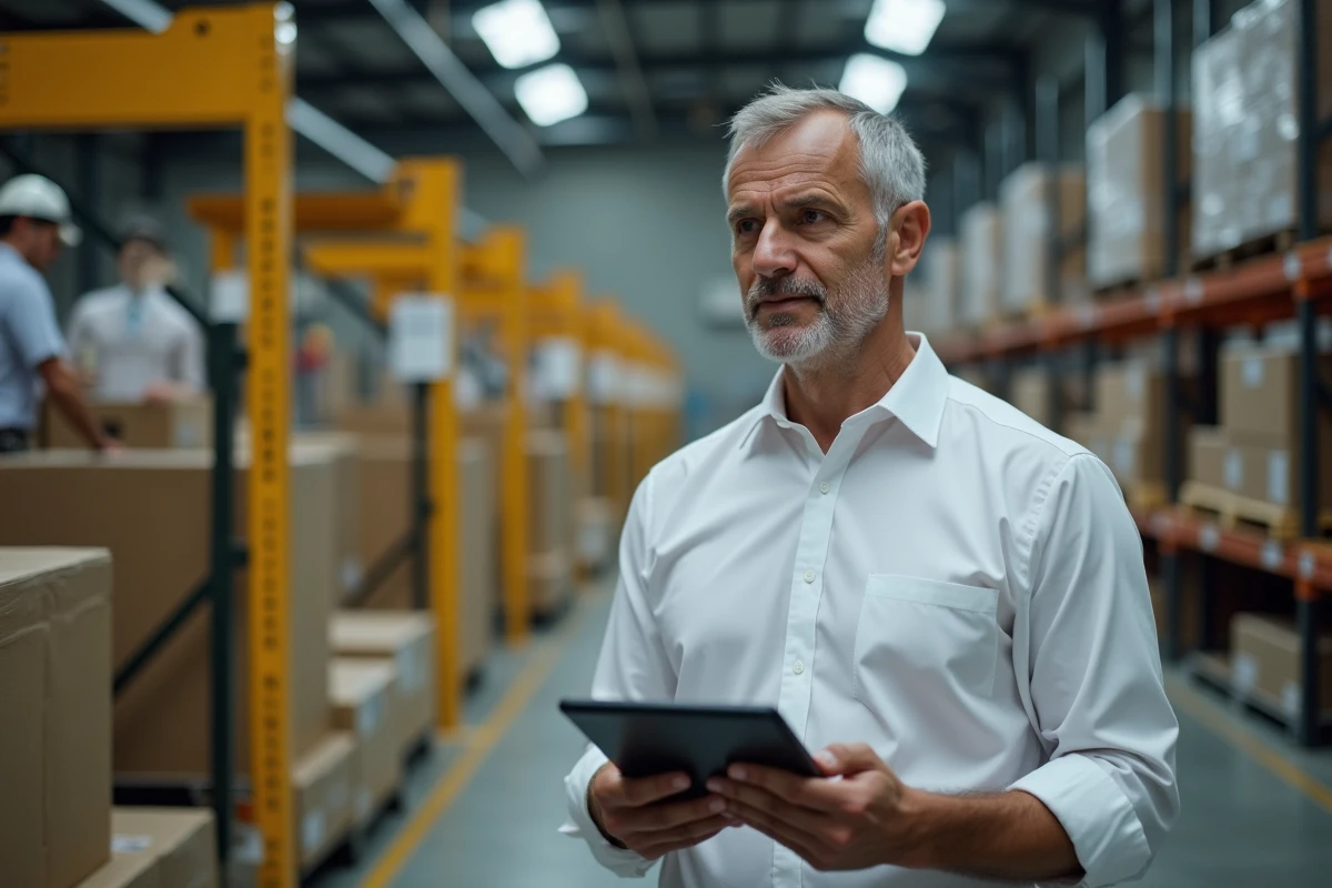 Responsable logistique utilisant l'intelligence artificielle pour gérer un entrepôt industriel connecté