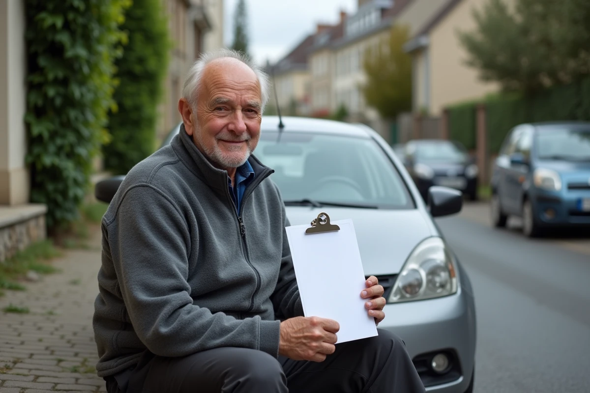 Un homme âgé tenant sa carte grise gratuite à côté de sa voiture dans une rue résidentielle française