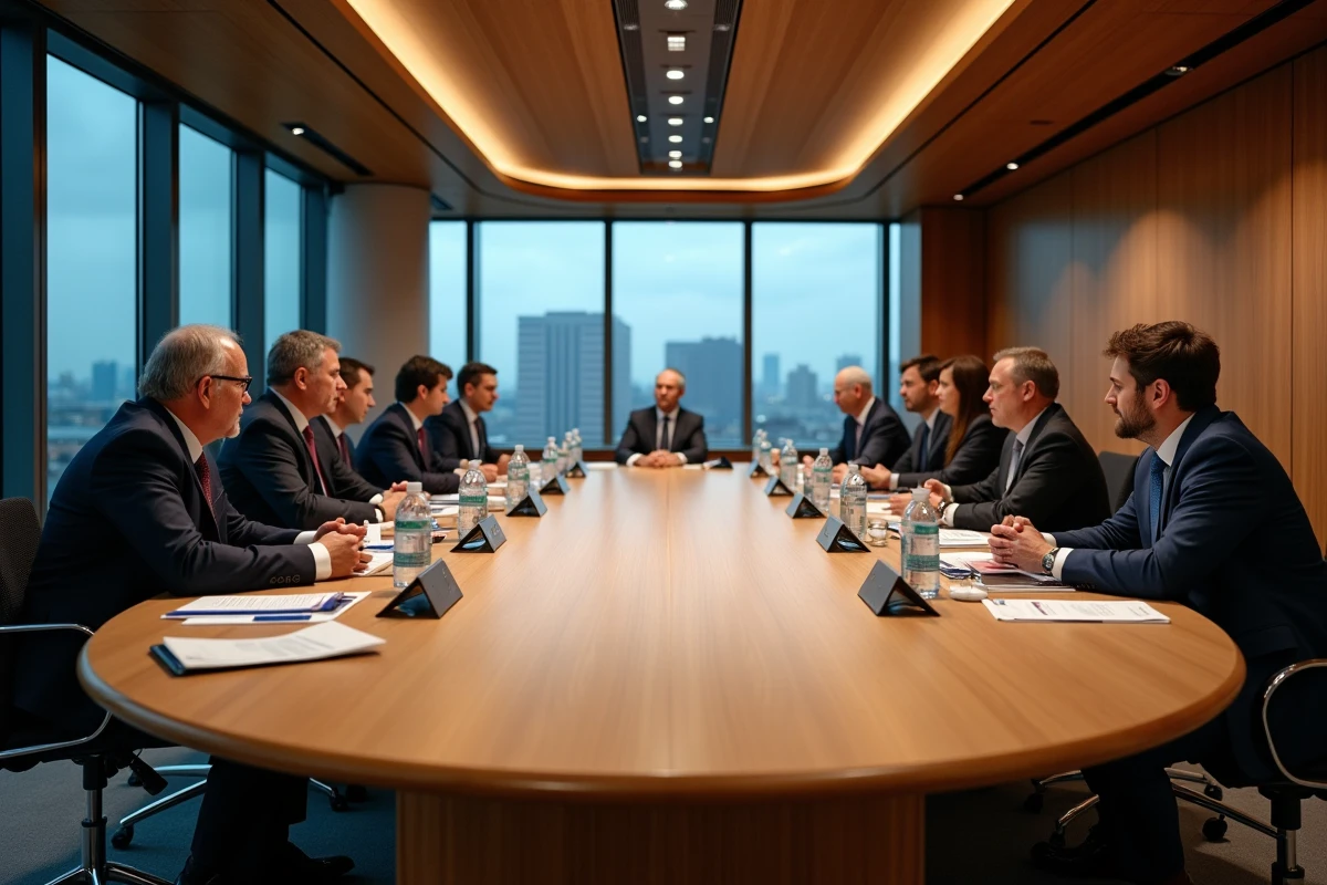 Réunion du conseil de politique monétaire de la BCE autour d'une table de conférence avec vue sur Francfort