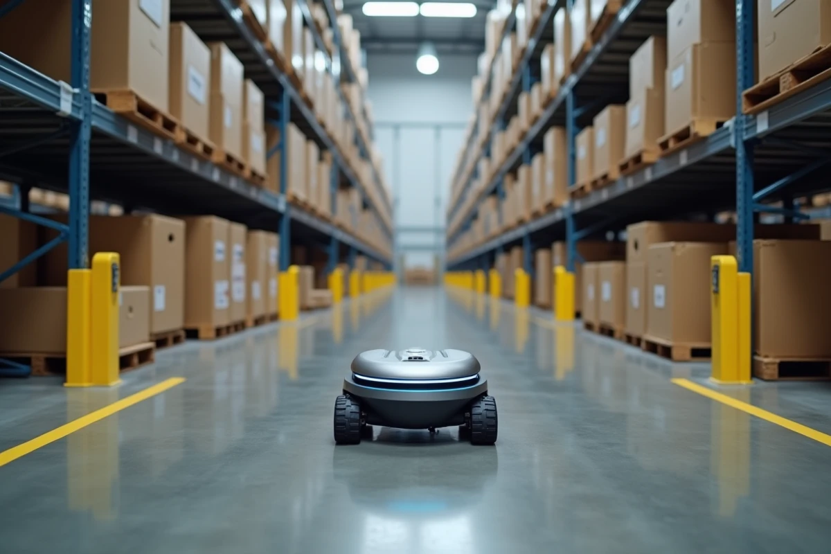 Robots autonomes naviguant dans un entrepôt logistique automatisé sans intervention humaine