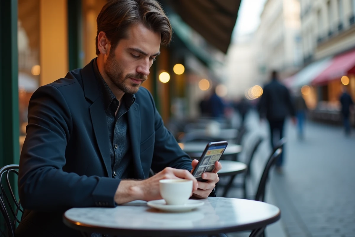 Homme consultant un site de scan manga sur iPhone dans un café en terrasse, lecture mobile sans publicités