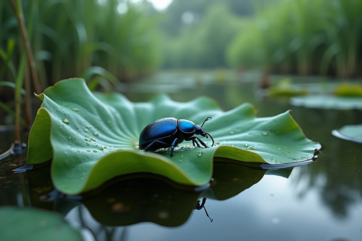 Scarabée bleu-noir sur une feuille de lotus au bord d'un étang, symbole spirituel de transformation et de renaissance