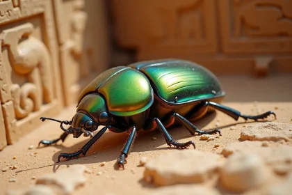 Scarabée vert iridescent posé sur une pierre ancienne gravée de hiéroglyphes, symbolisant la spiritualité et l'animal totem