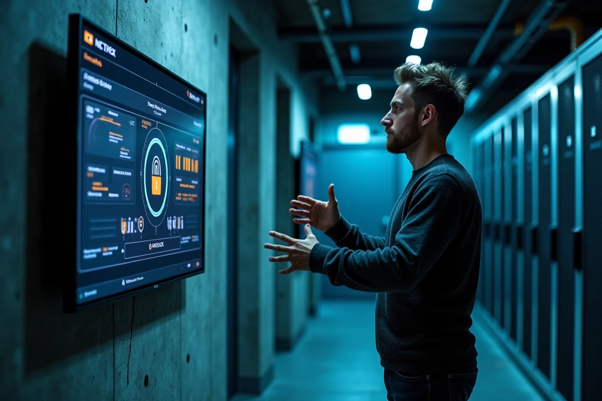 Technicien informatique analysant un tableau de bord de sécurité réseau et de confidentialité des données