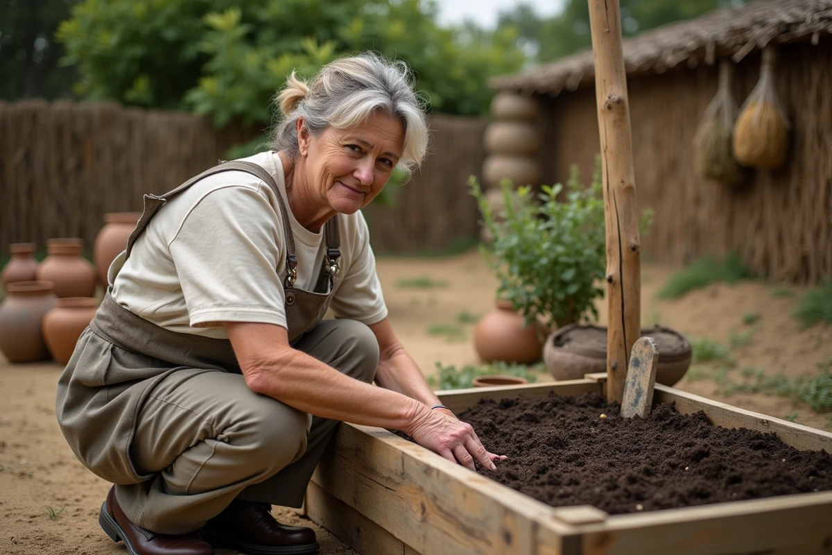 Femme semant des graines dans un jardin potager reconstitué d'époque ancienne, illustrant les premières pratiques agricoles humaines