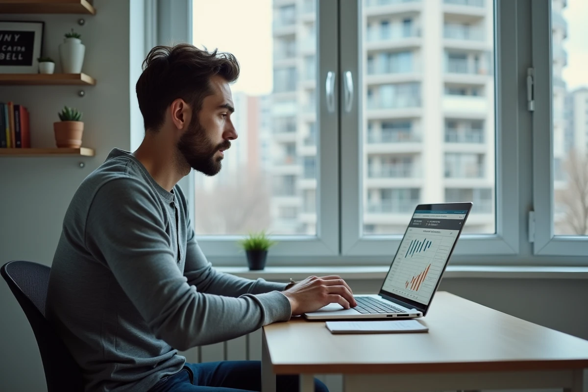 Homme calculant seul la durée optimale de son prêt hypothécaire sur un ordinateur portable dans un bureau à domicile moderne