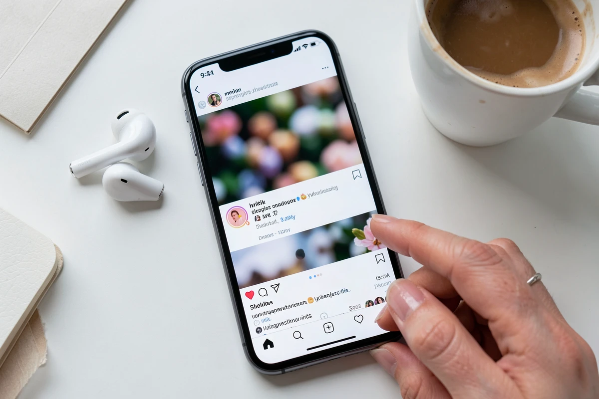 Vue aérienne d'un smartphone affichant une interface de story Instagram sur un bureau blanc avec accessoires