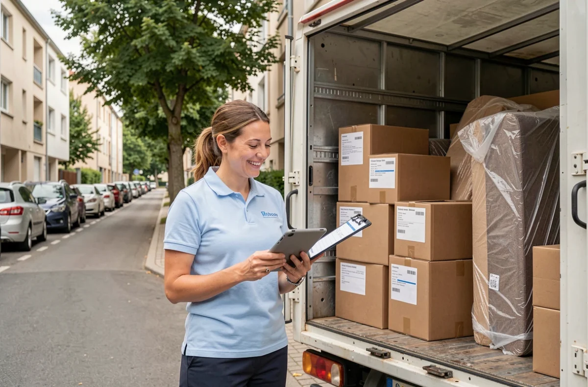 Coordinatrice Smoove vérifiant un inventaire sur tablette devant un camion de déménagement dans une rue résidentielle