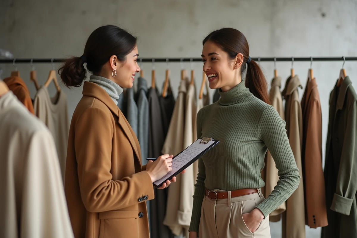 Deux spécialistes de la mode en discussion collaborative dans un atelier avec portant de vêtements de collection