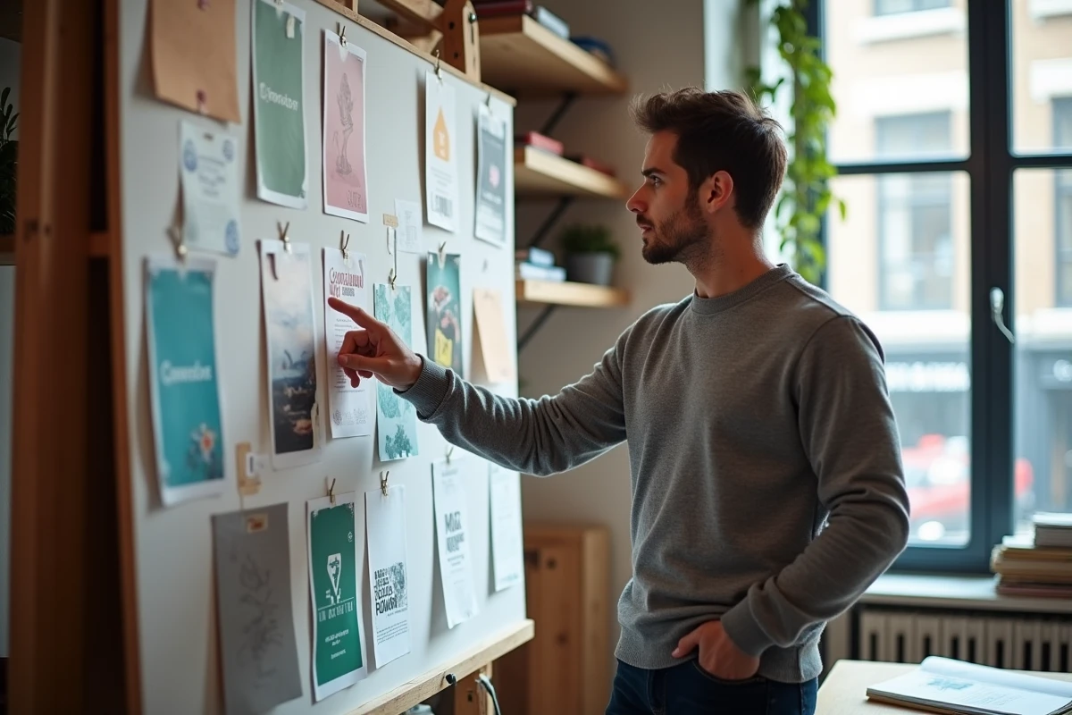 Designer créatif présentant une stratégie de marque devant un moodboard dans un studio de design