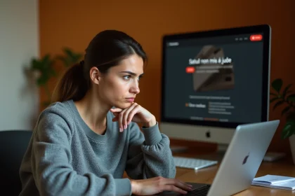Femme frustrée devant son ordinateur consultant le suivi colis GLS France sans mise à jour