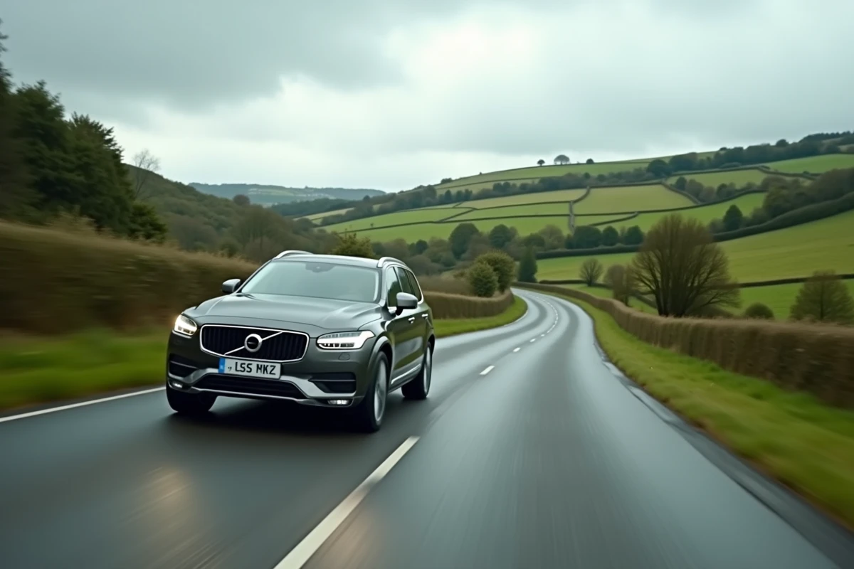 SUV familial en conduite sur une route de campagne sinueuse, évoquant fiabilité et endurance sur long trajet