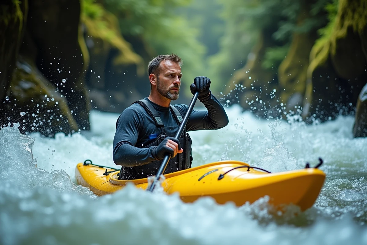 Homme en kayak naviguant des rapides d'une rivière en canyon, symbolisant l'aventure sportive et le dépassement de soi en pleine nature