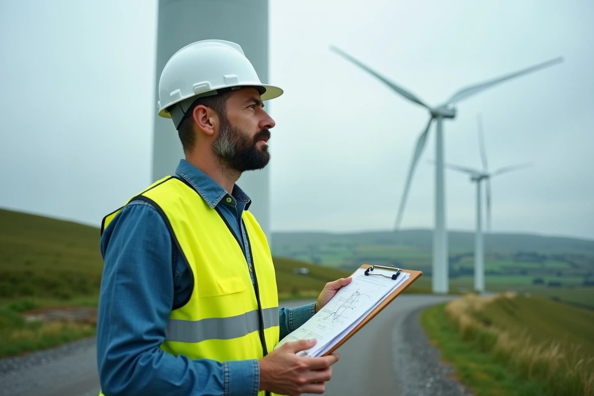 Technicien en énergie renouvelable inspecte une éolienne dans un champ, illustrant le pilier économique du développement durable