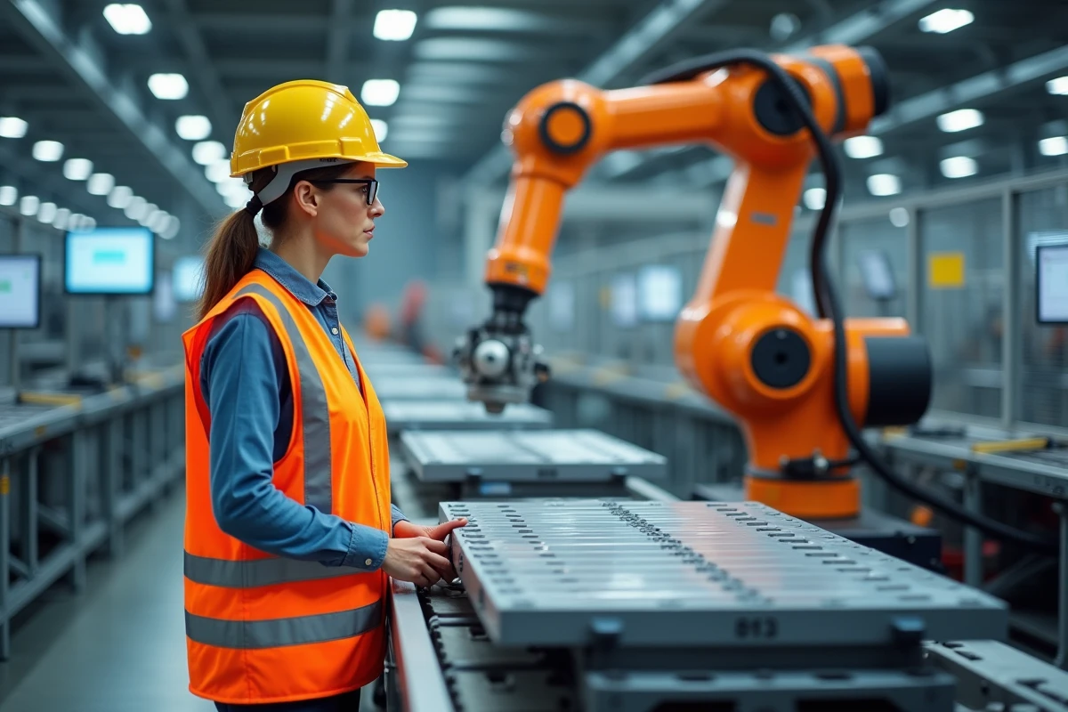 Technicienne supervisant une ligne d'assemblage automatisée de modules de batteries dans une gigafactory en France