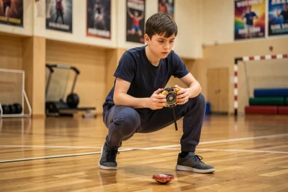 Adolescent en position de combat tenant un lanceur Beyblade dans un gymnase en bois, technique de lancement concentrée