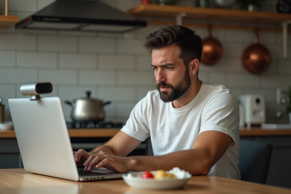 Télétravailleurs conscient d'être surveillé par la webcam de son ordinateur portable dans sa cuisine