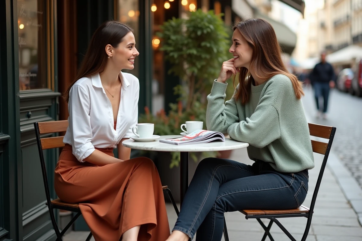 Deux femmes élégamment vêtues selon les tendances mode actuelles attablées en terrasse de café parisien
