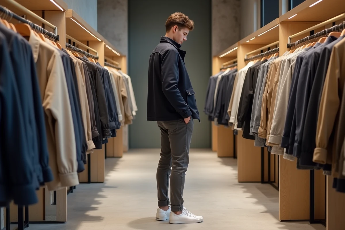 Homme en veste utility marine explorant les tendances mode dans une boutique concept store contemporaine