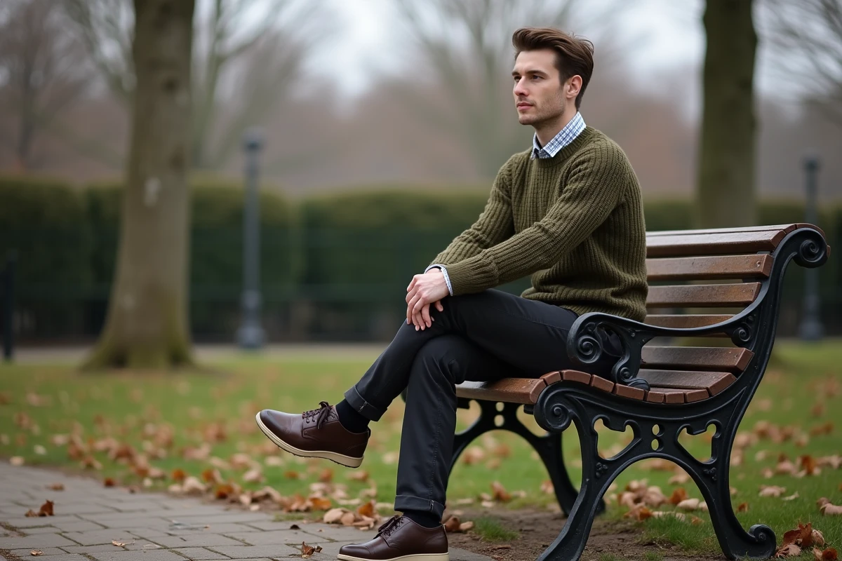 Homme en pull grosse maille olive assis sur un banc de parc en automne sous un ciel nuageux